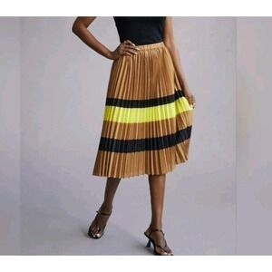 Maeve Anthropologie Pleated Midi Skirt Brown Yellow Black Secretary Geek S/XS‎